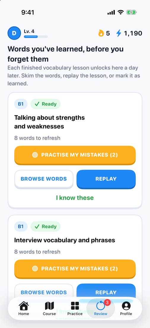 The review screen with words to refresh